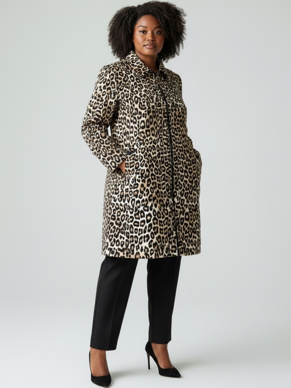 Chico’s Stroller Length Leopard Zip-Up Coat with Black Trim ~ NWOT ~size 4 / XXL